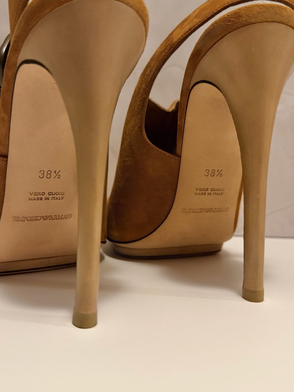 Emporio Armani Tan Suede Slingback Peep-Toe Stilettos - Picture 4 of 6